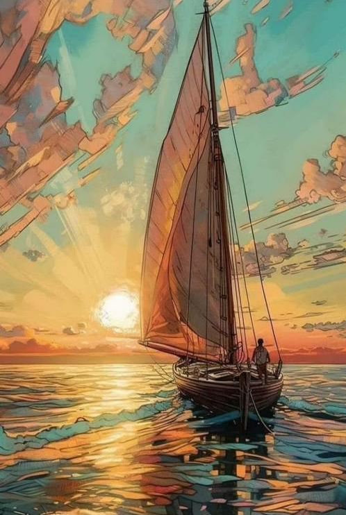 Œuvre du jour représentant un voilier voguant au coucher du soleil